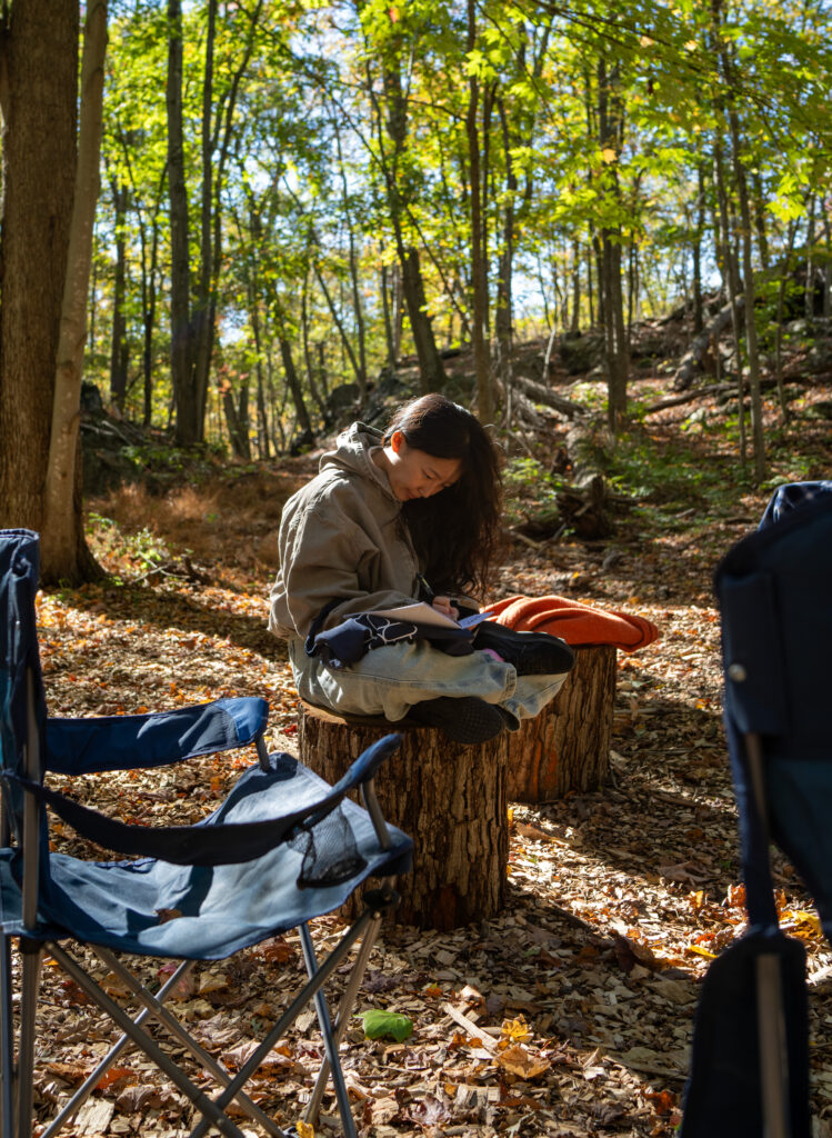 A woman writing in a notebook while sitting on a tree stump in the Library Field